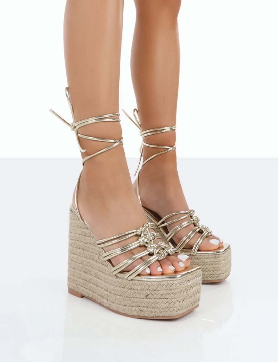 Public Desire Women's Gold Chakkra Pu High Heel Wedge Sandals Espadrilles