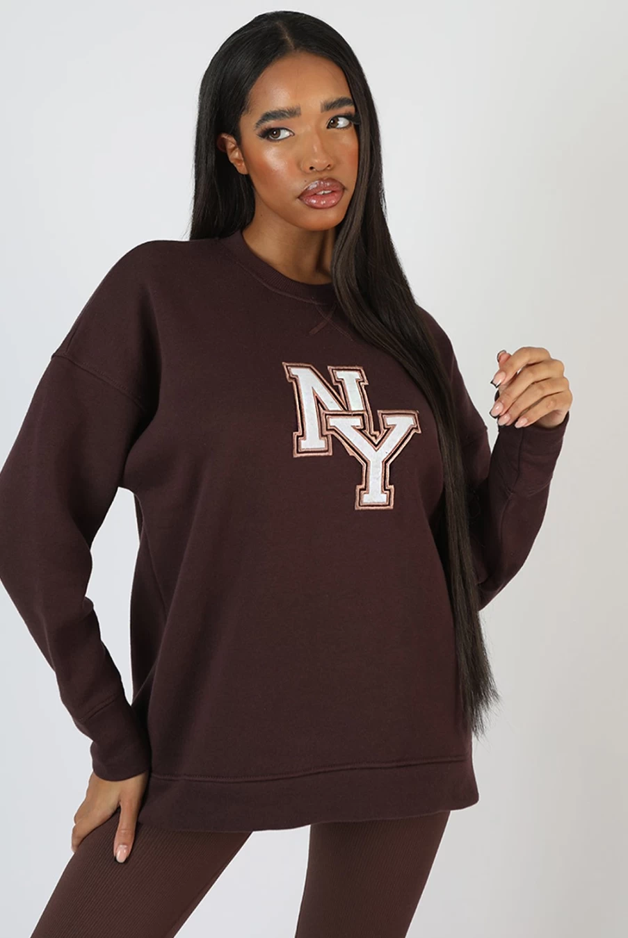 "Public Desire Women's Chocolate Ny Oversized Sweatshirt - Cozy Casual Pullover"