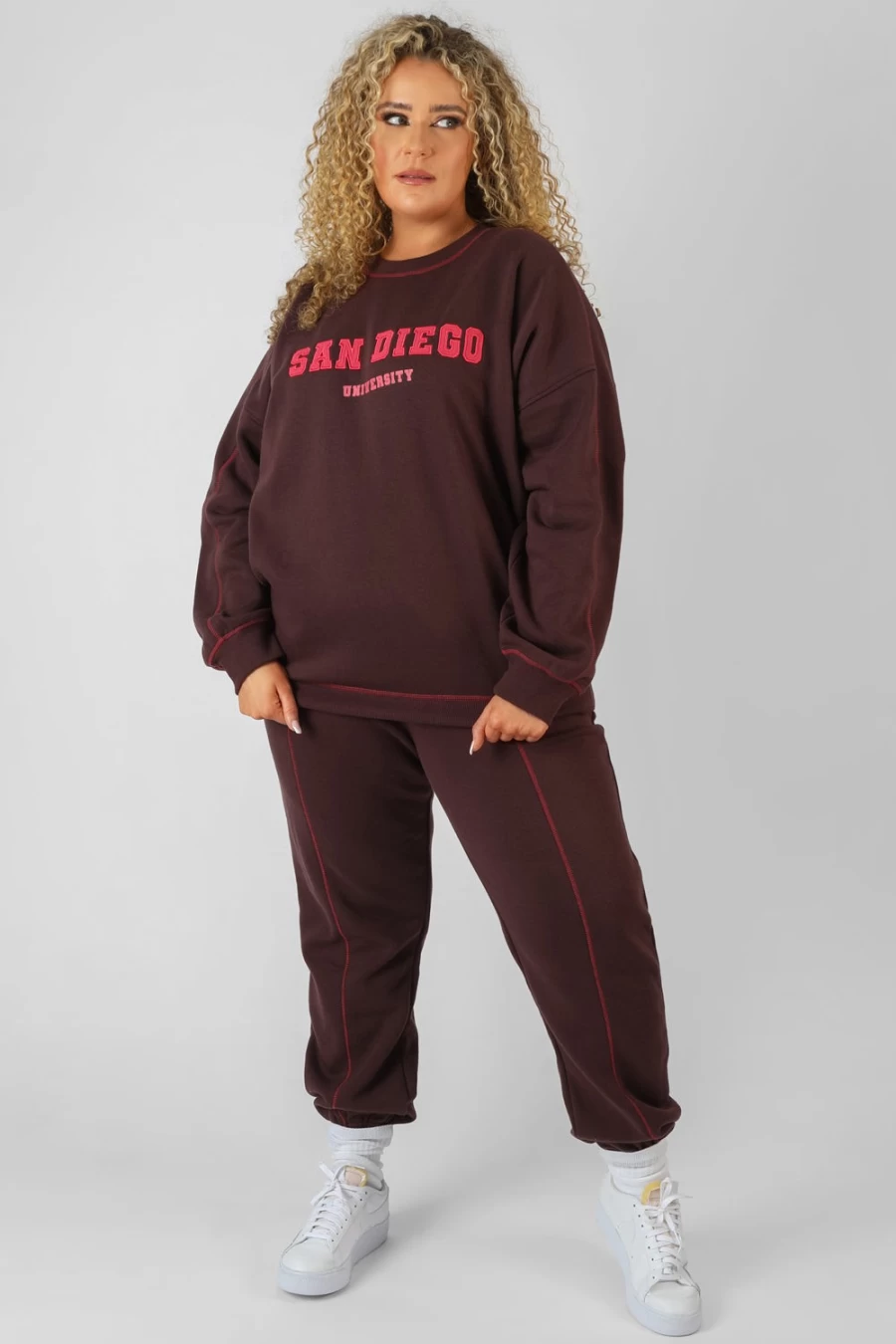 Public Desire Women's Aubergine Curve Contrast Stitch 90's Joggers - Vintage High-Waisted Tapered Sweatpants