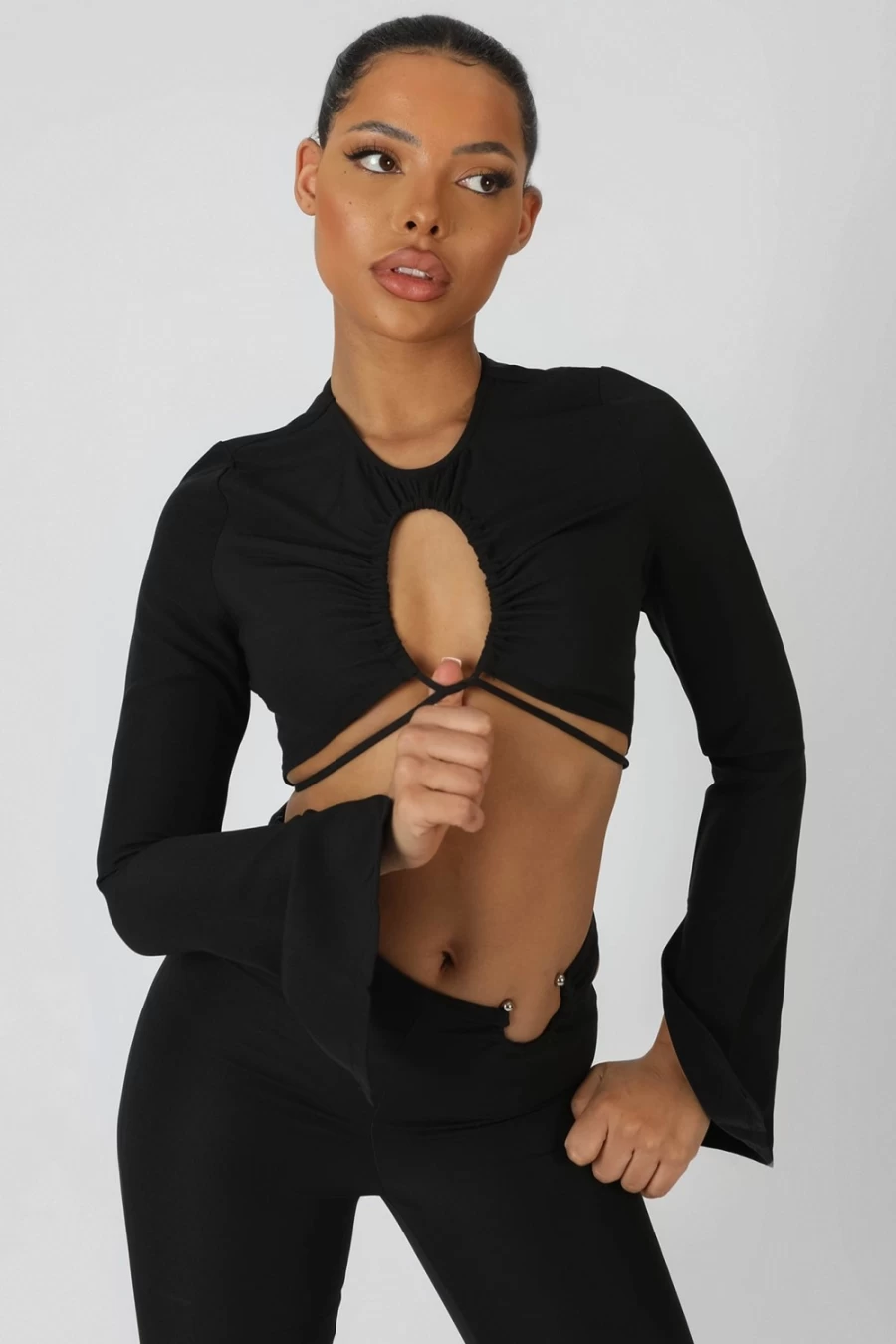 "Public Desire Women's Black Loop Ruching Long Sleeve Top With Side Splits"