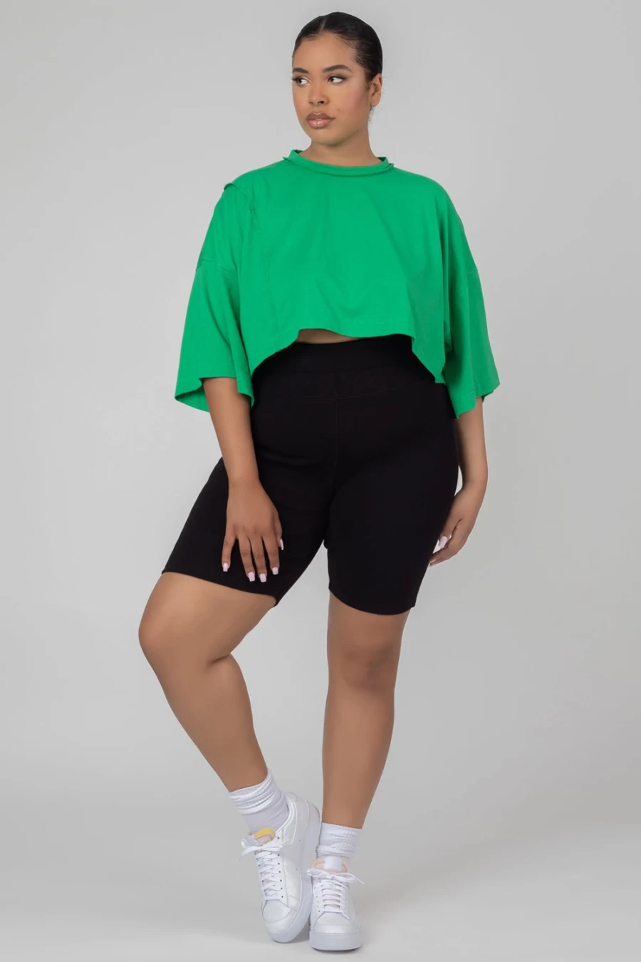 "Public Desire Women's Green Oversized Cropped T-Shirt with Curve Exposed Seam Detail"