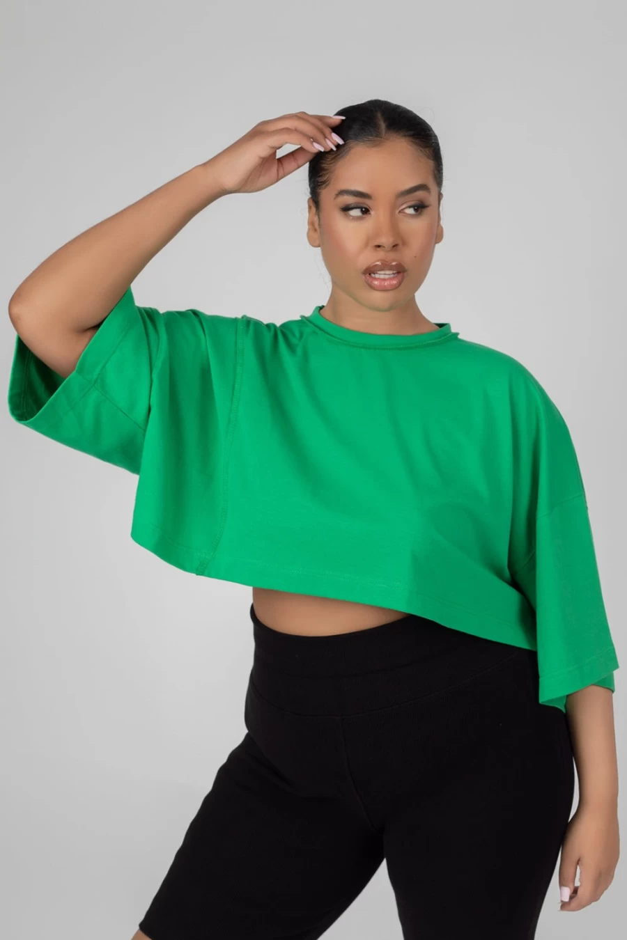 "Public Desire Women's Green Oversized Cropped T-Shirt with Curve Exposed Seam Detail"