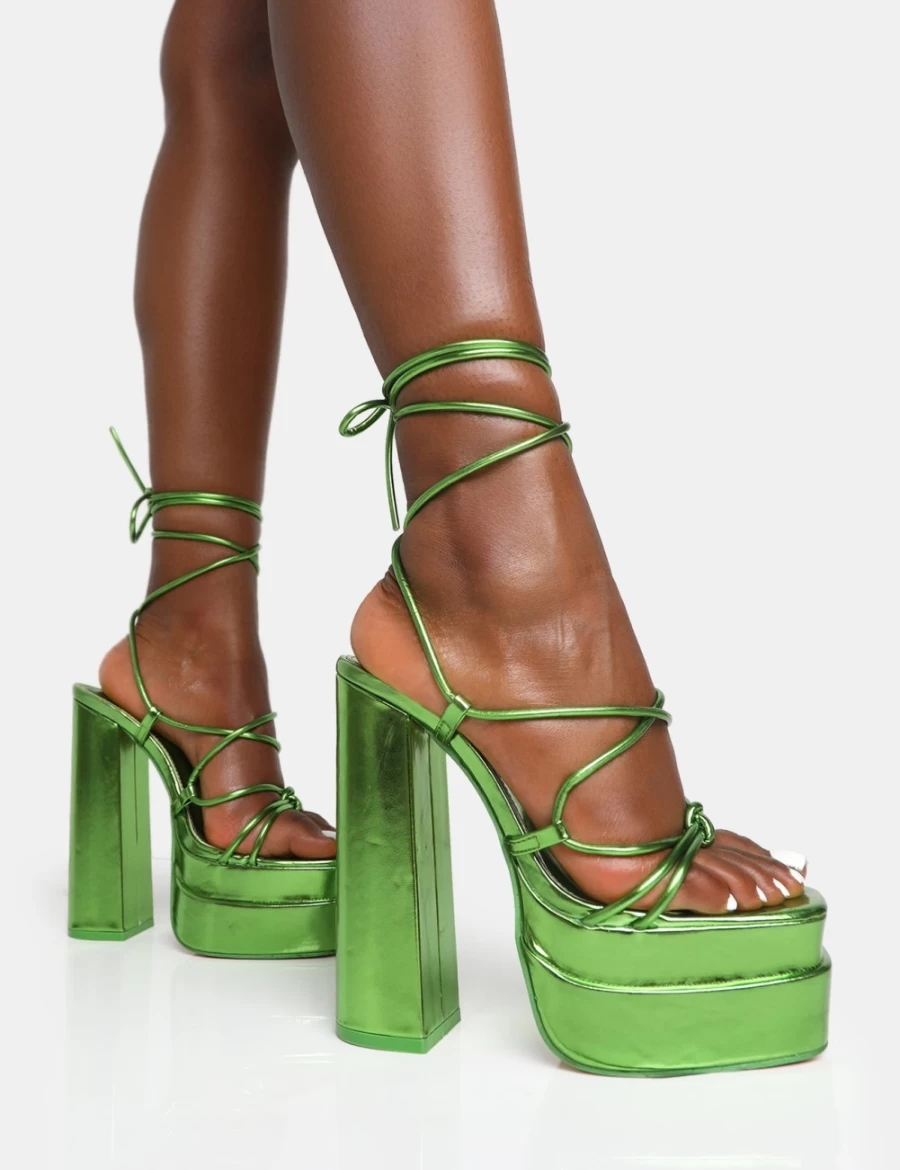 Public Desire Women's Green Glow Girl Mirror Lace Up Platform High Heels