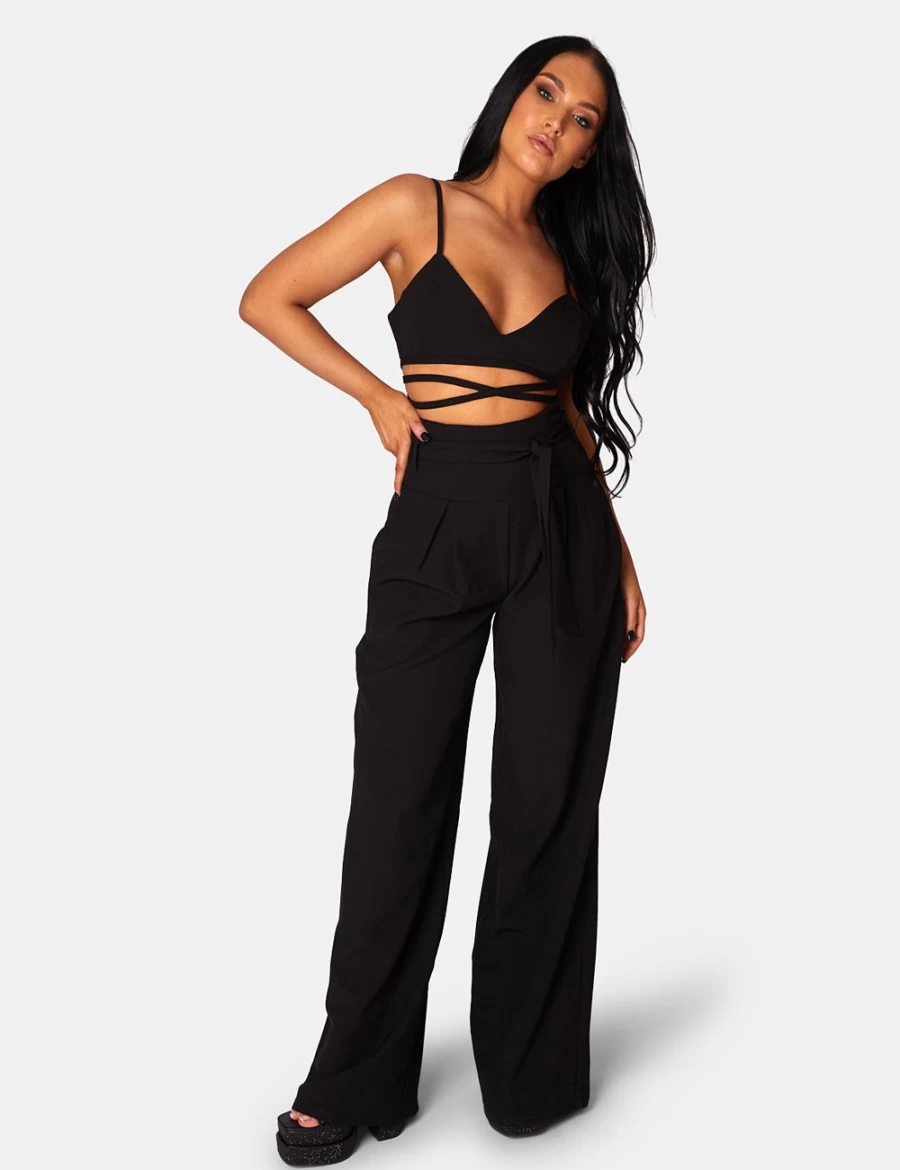 Public Desire Women's Black Tie Waist Wide Leg Trousers