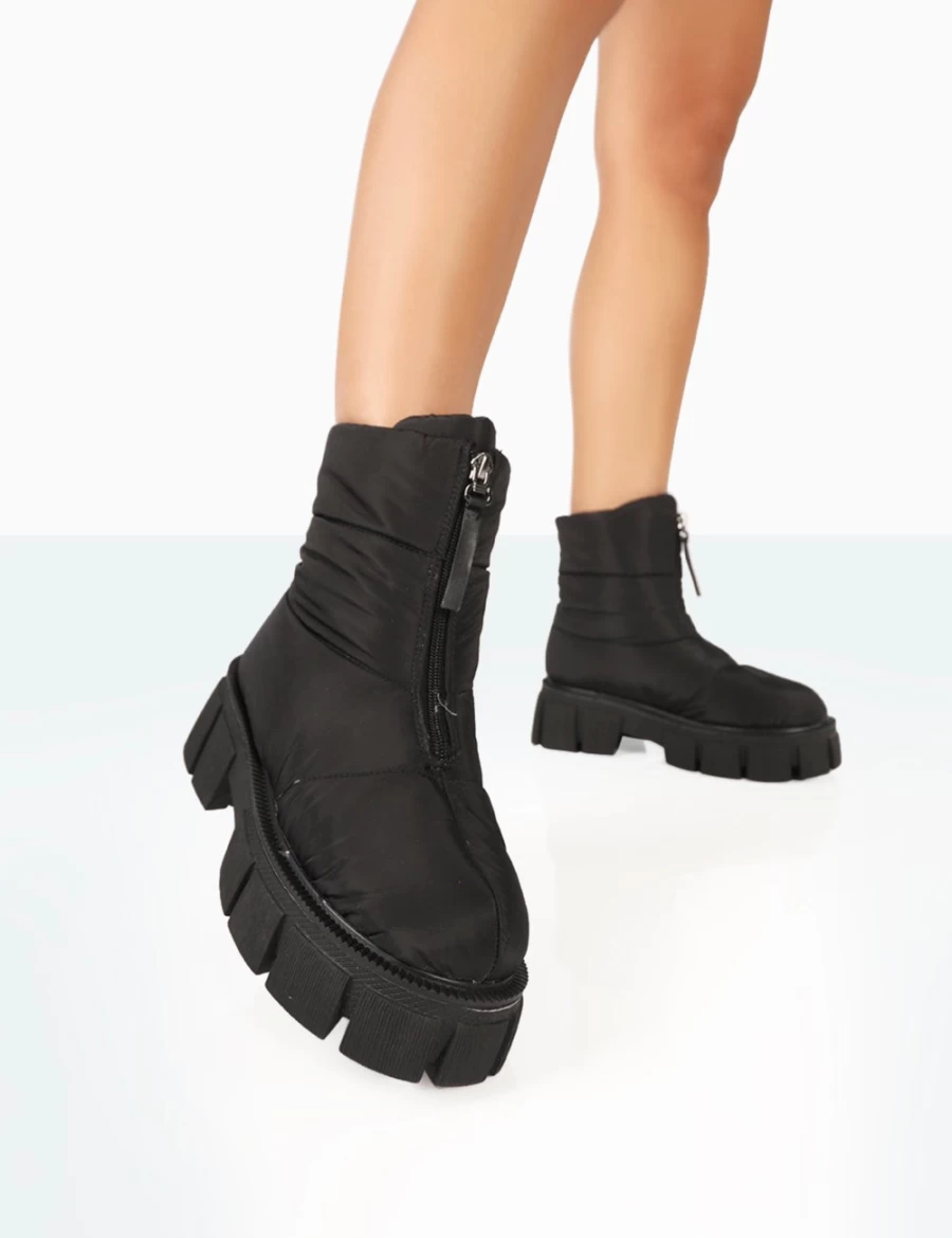 Public Desire Women's Black Puffy Nylon Chunky Sole Zip Up Ankle Snow Boots