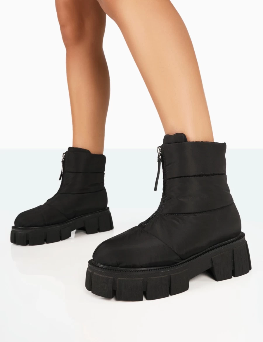 Public Desire Women's Black Puffy Nylon Chunky Sole Zip Up Ankle Snow Boots