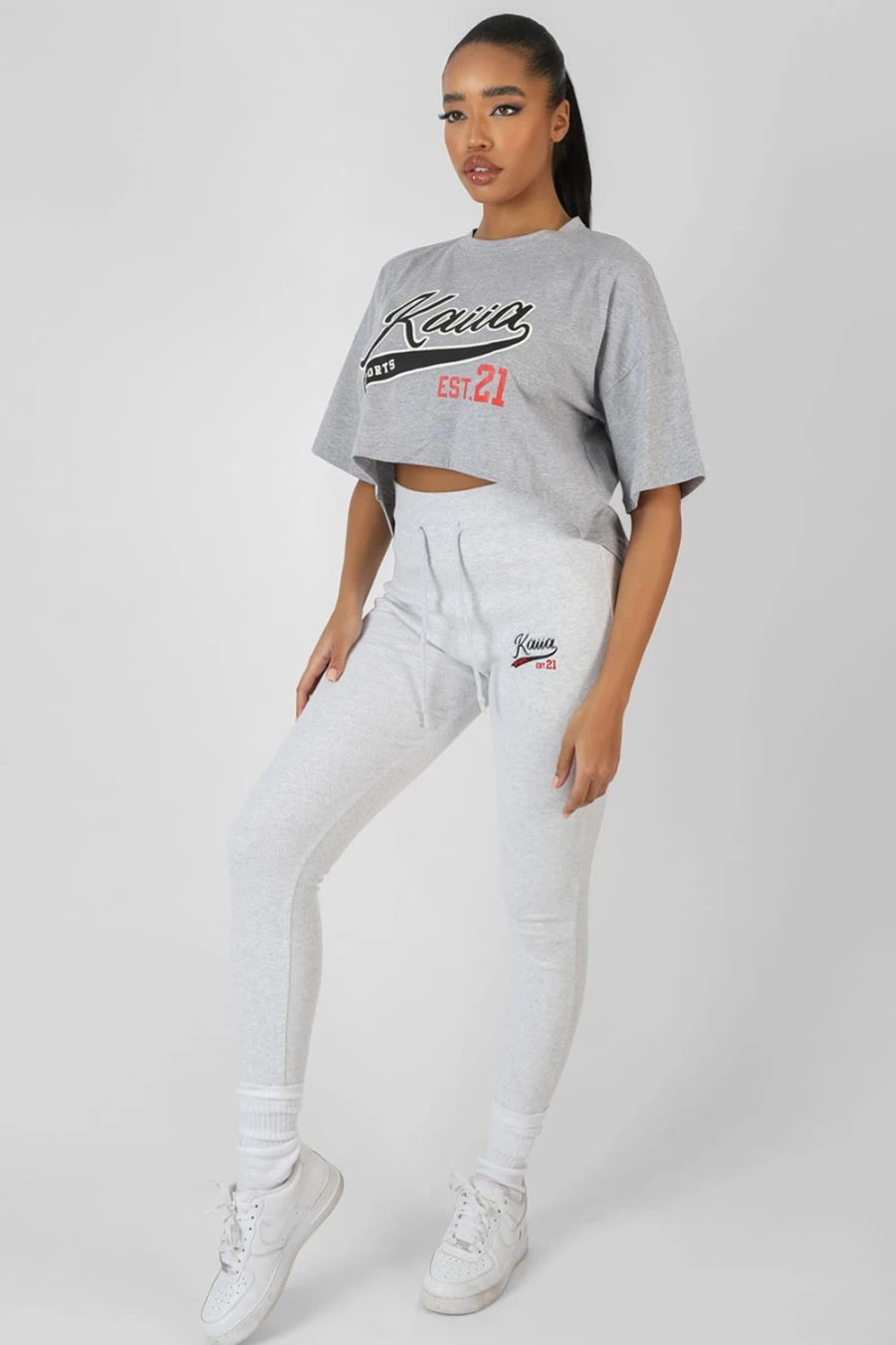 Public Desire Women's Grey Varsity Embroidered Cropped T-Shirt Marl