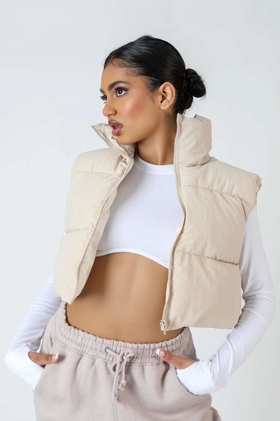 Women's Beige Cropped Puffer Gilet Vest by Public Desire