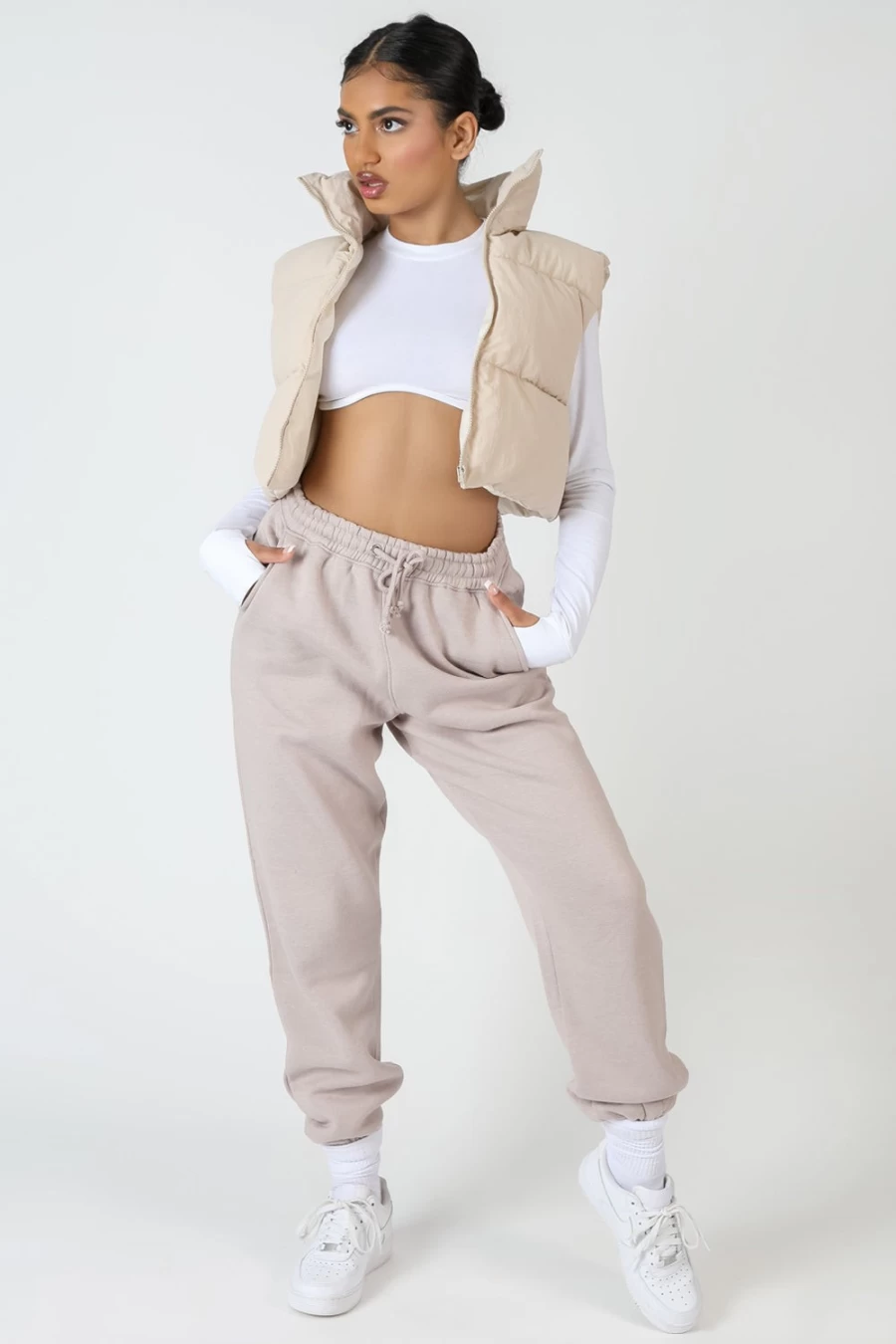 Women's Beige Cropped Puffer Gilet Vest by Public Desire