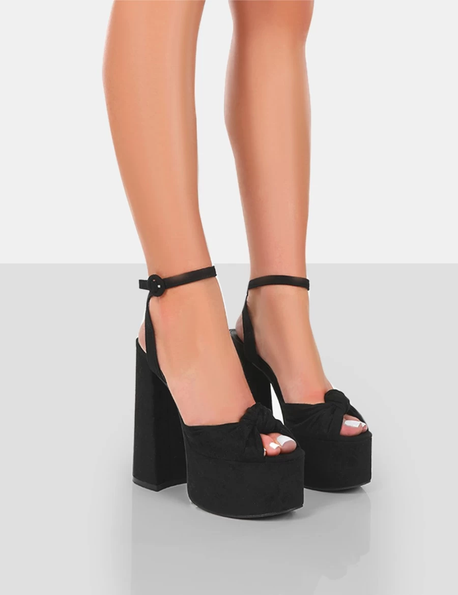 Public Desire Women's Black Faux Suede Knotted Wide Fit Platform High Heel Sandals