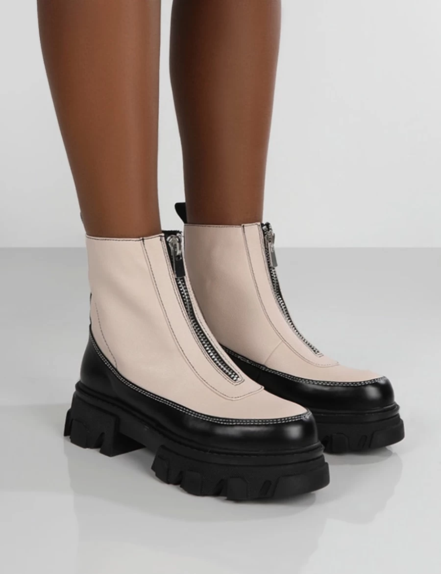 Public Desire Women's White Chunky Sole Ankle Boots with Zip Front & Platform Heel