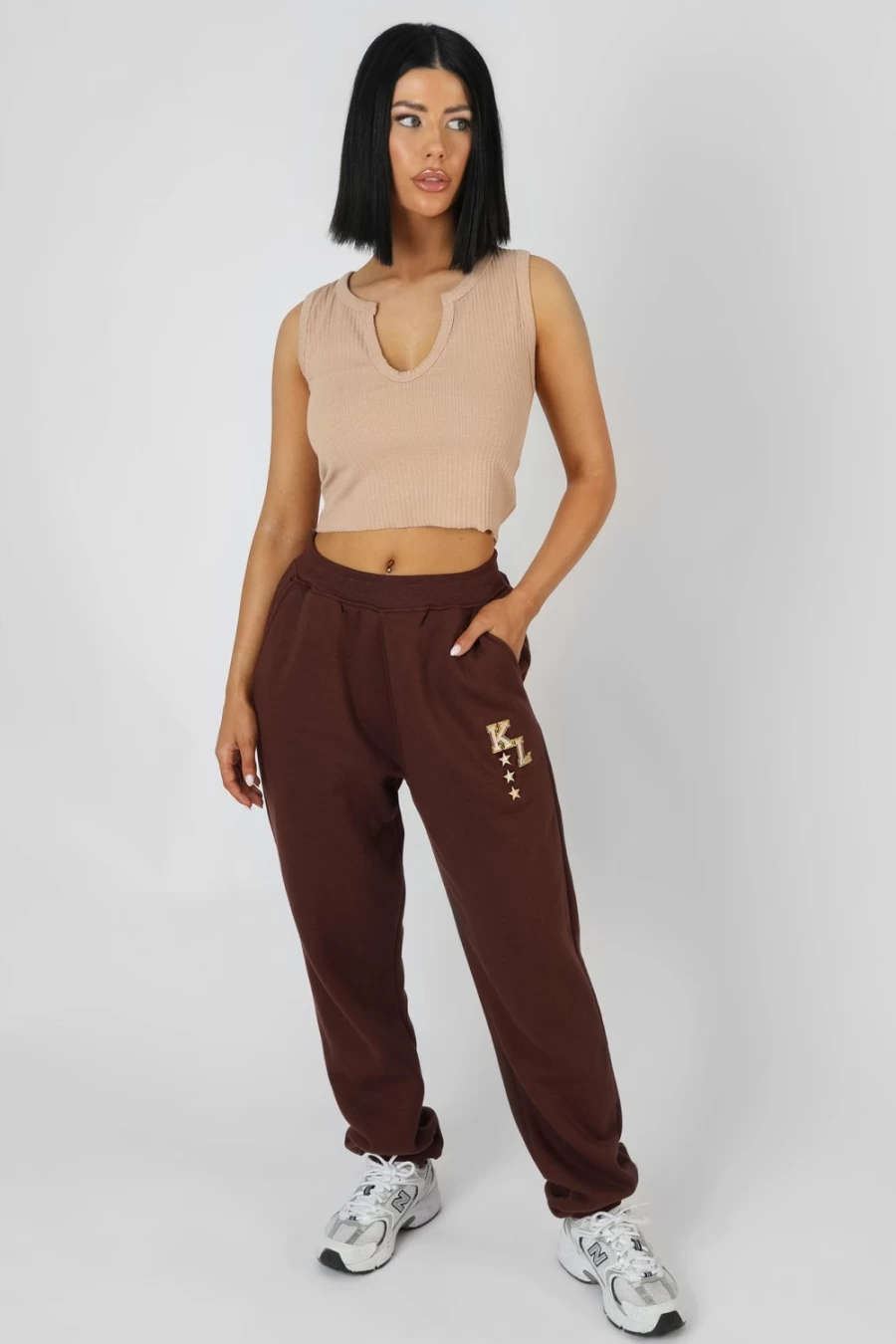 Public Desire Women's Kaiia Varsity 90's Jogger Pants in Chocolate