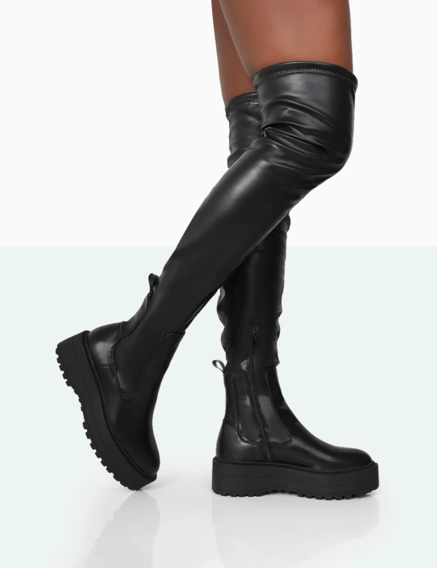 Public Desire Women's Black Phoenix PU Chunky Sole Round Toe Over The Knee Boots