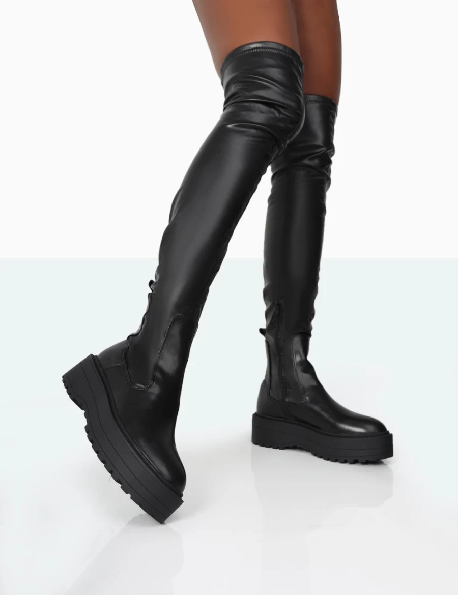 Public Desire Women's Black Phoenix PU Chunky Sole Round Toe Over The Knee Boots