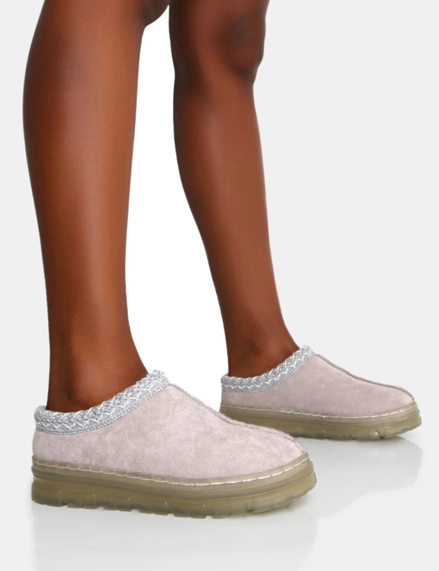 Public Desire Women's Grey Nala Light Faux Suede Embroidered Platform Boots