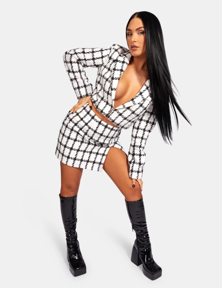 "Public Desire Women's Ivory Monochrome Textured Check Cropped Blazer Jacket"