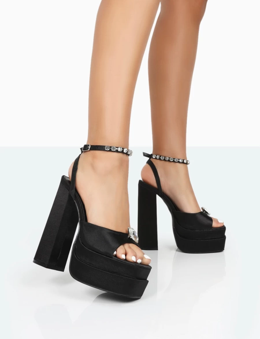 Public Desire Women's Black Frozen Satin Sparkly Diamante Strap Open Toe Block Heels Platform Shoes