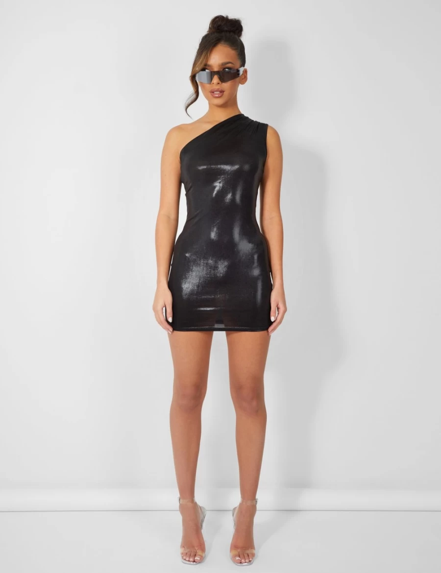 Public Desire Women's Black One Shoulder Ruched Metallic Mini Dress
