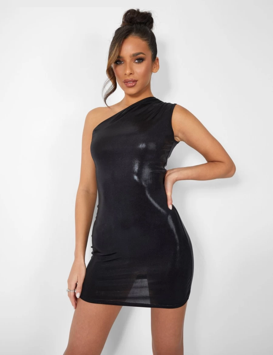 Public Desire Women's Black One Shoulder Ruched Metallic Mini Dress