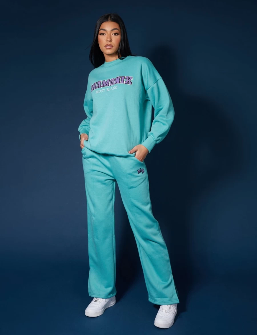 Women's Aqua Embroidered Seam Front Joggers by Public Desire - Straight Leg Comfort Pants