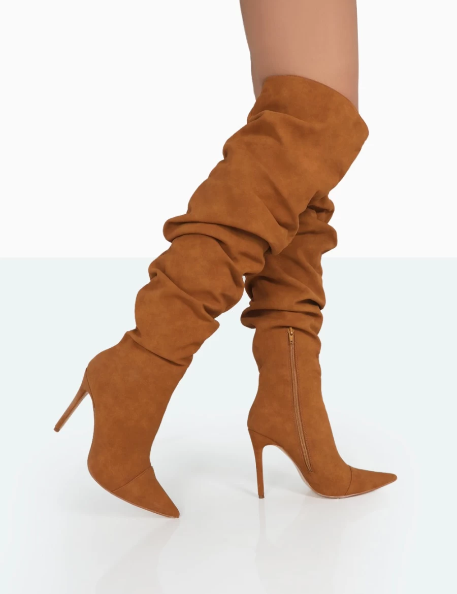 Public Desire Women's Tan Faux Suede Over The Knee Boots with Pointed Toe & Stiletto Heel