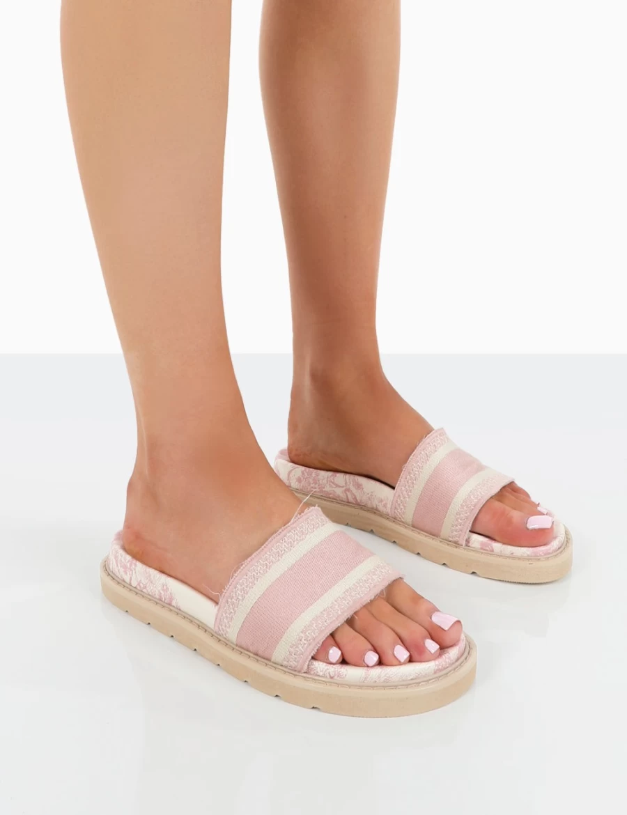Public Desire Women's Pink Toile Embroidered Slide Sandals