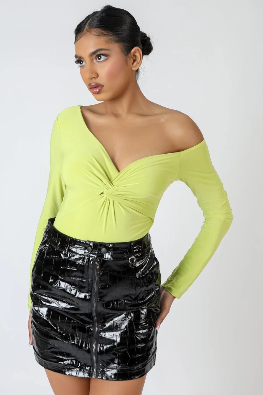 "Public Desire Women's Green Twist Wrap Long Sleeve Bodysuit – Gather Detail Tops"