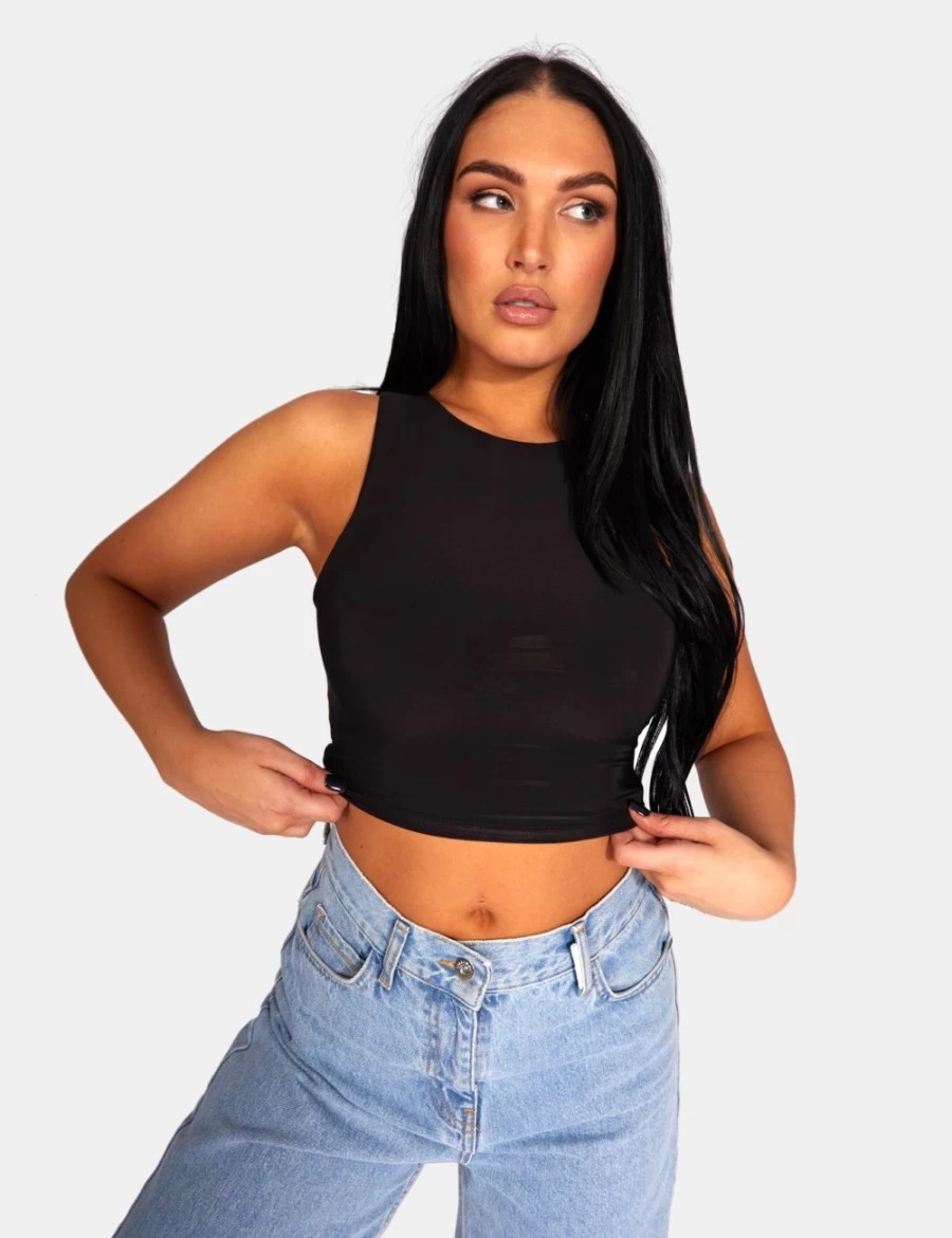 "Public Desire Women's Black Slinky Racer Top - Stylish & Sexy Fit"