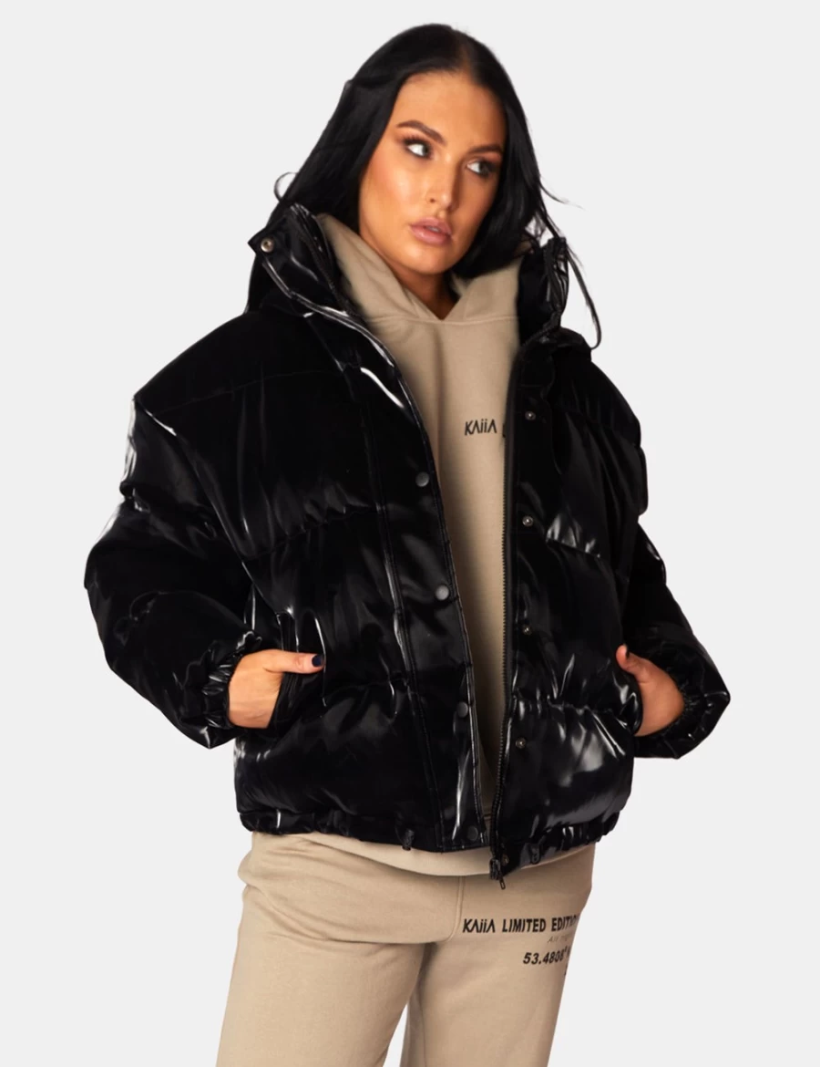Women's Black High Shine Holographic Oversized Puffer Jacket by Public Desire