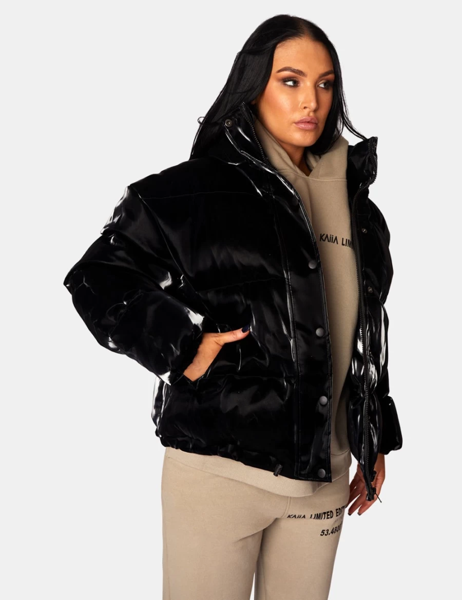 Women's Black High Shine Holographic Oversized Puffer Jacket by Public Desire