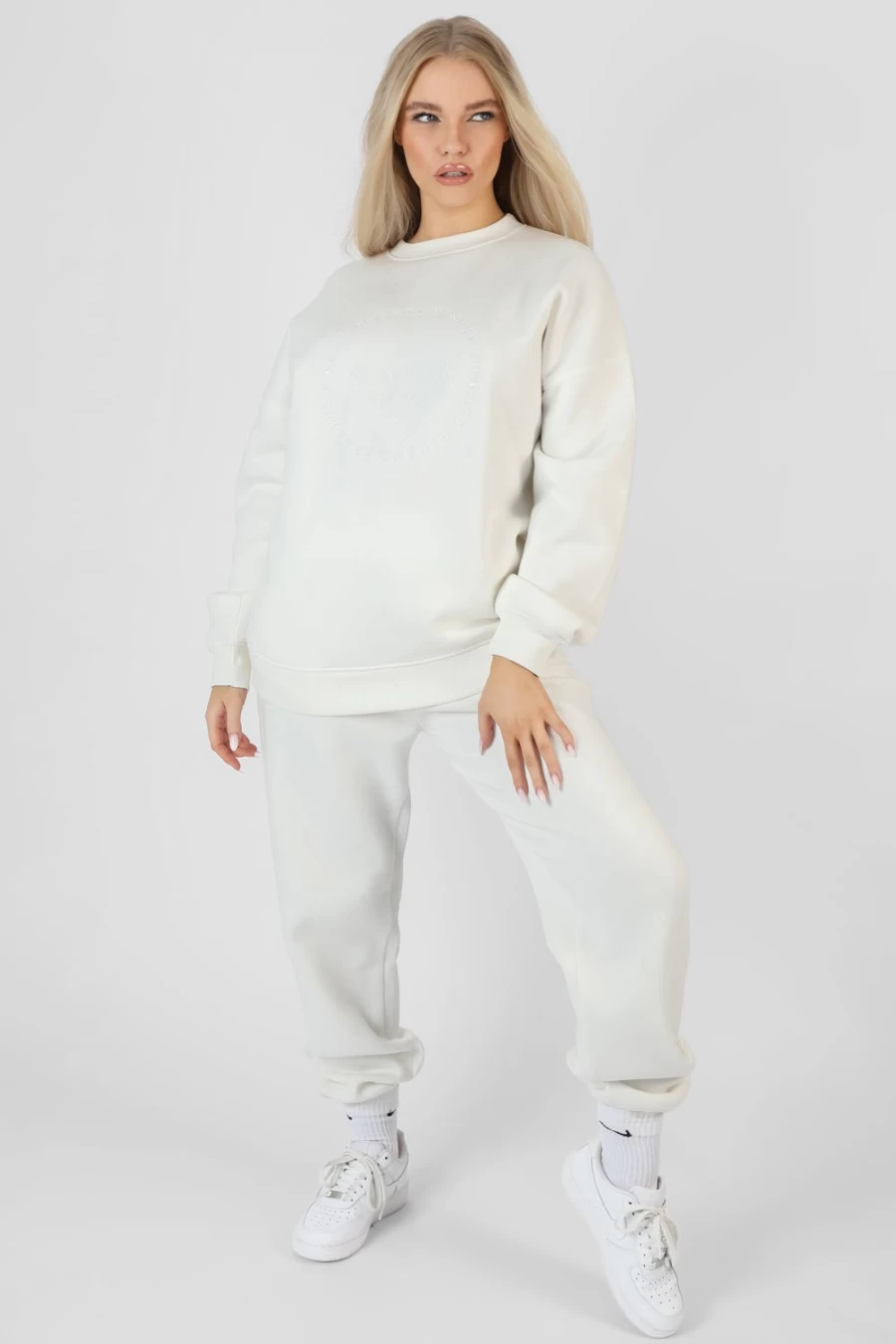 Public Desire Women's Ecru Tonal Embroidery Joggers - Stylish Casual Lounge Pants