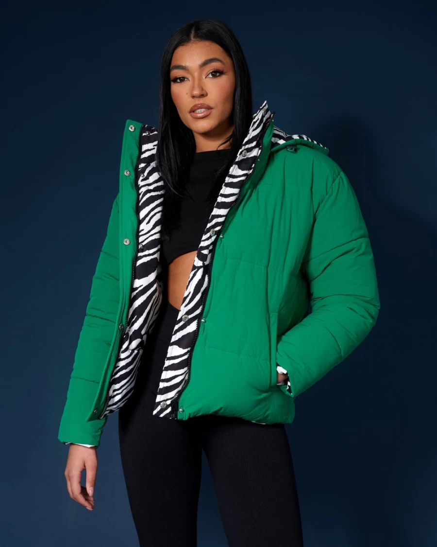 Public Desire Women's Reversible Quilted Puffer Jacket - Green & Zebra Print