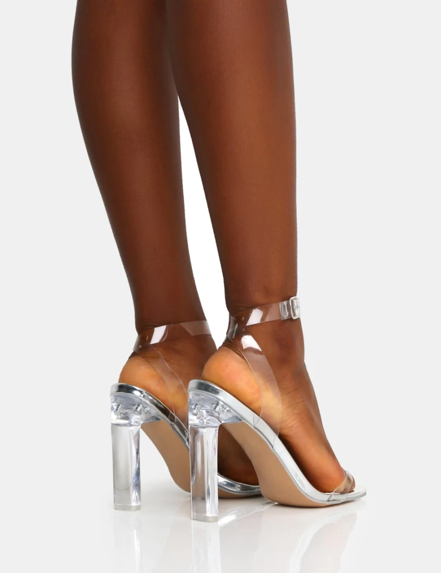 Public Desire Women's Silver Inka Mirror Perspex Round Toe Flat Block Heels
