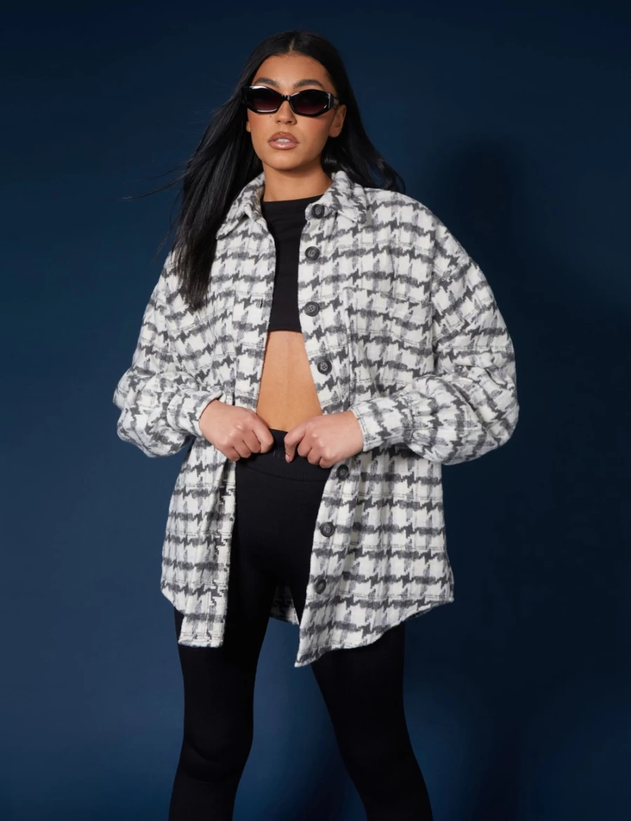 "Public Desire Women's Grey Oversized Houndstooth Shacket Coat Jacket"