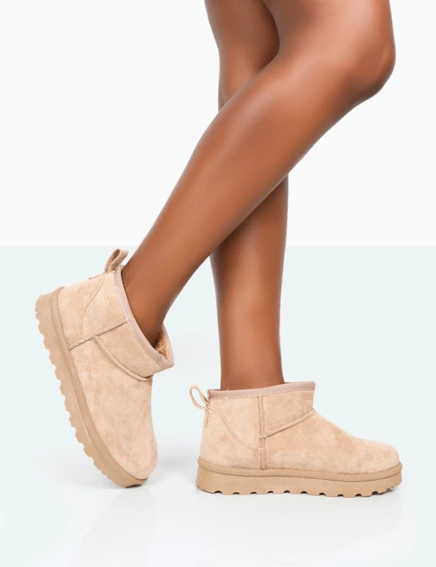 Public Desire Women's Beige Flurry Faux Suede Ultra Mini Ankle Boots