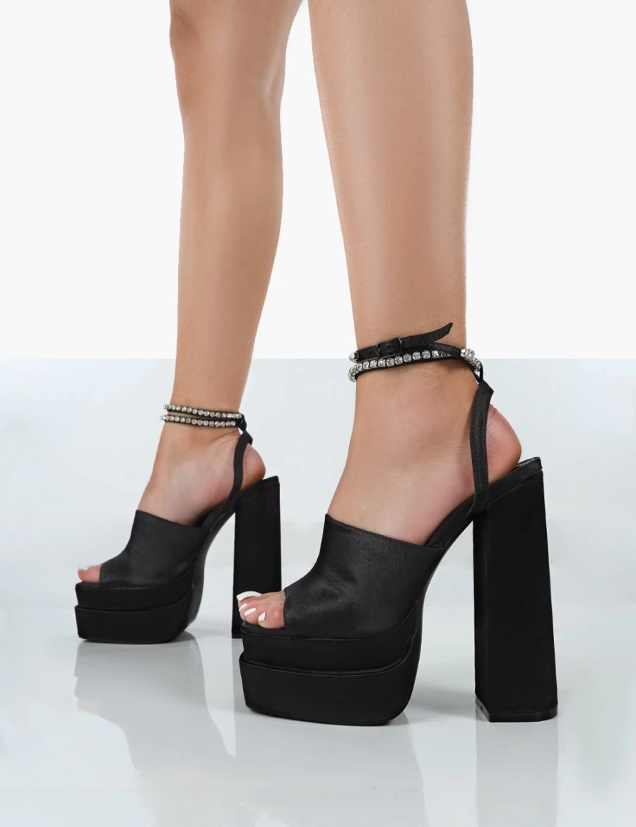 Public Desire Women's Black Satin Lace-Up Strappy Open Toe Platform Heels with Diamante Details