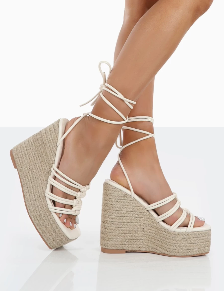 Public Desire Women's Ecru Chakkra Pu High Heel Wedge Sandals Espadrilles