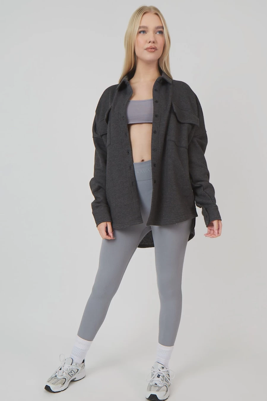 "Public Desire Women's Grey Oversized Acid Wash Shacket with Front Pockets"