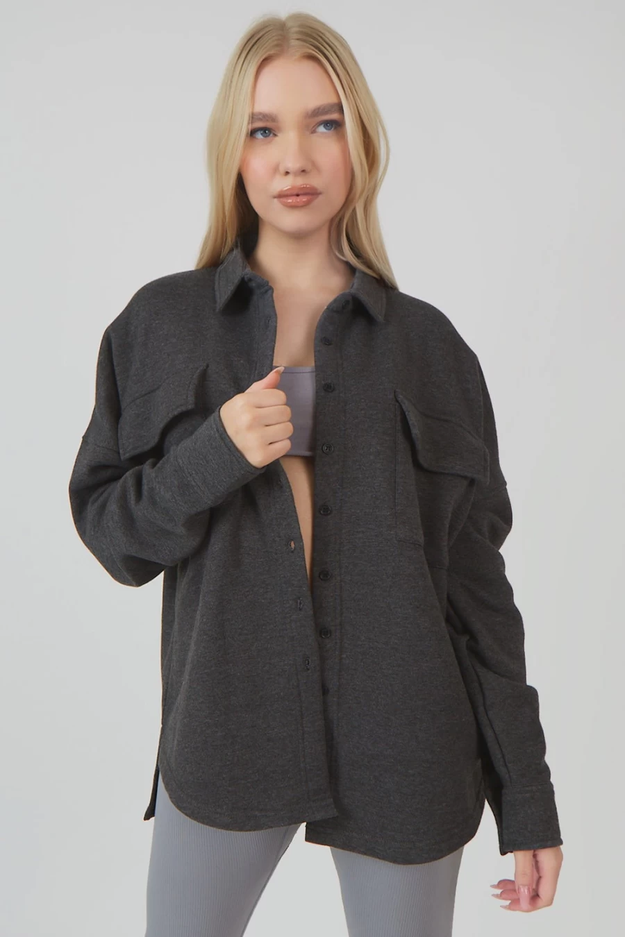 "Public Desire Women's Grey Oversized Acid Wash Shacket with Front Pockets"
