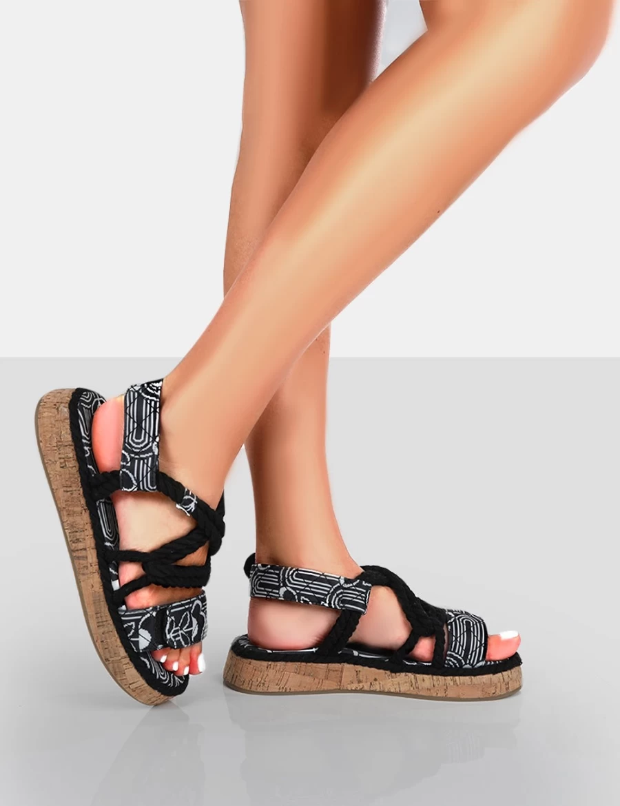 Public Desire Women's Black Miami Wide Fit Flatform Sandals with Printed Rope Lace-Up Design