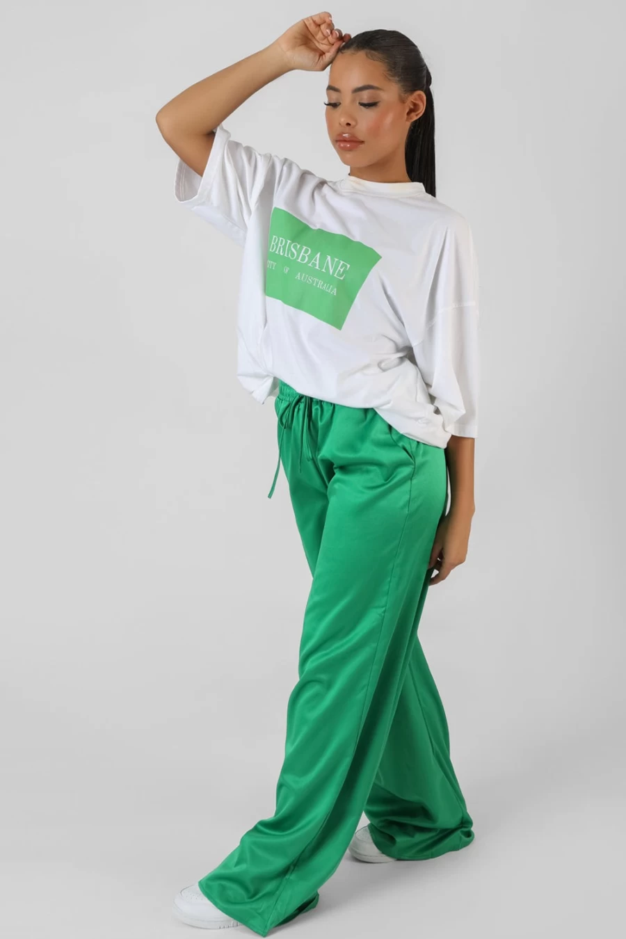 "Public Desire Women's Green Satin Wide Leg Trousers"