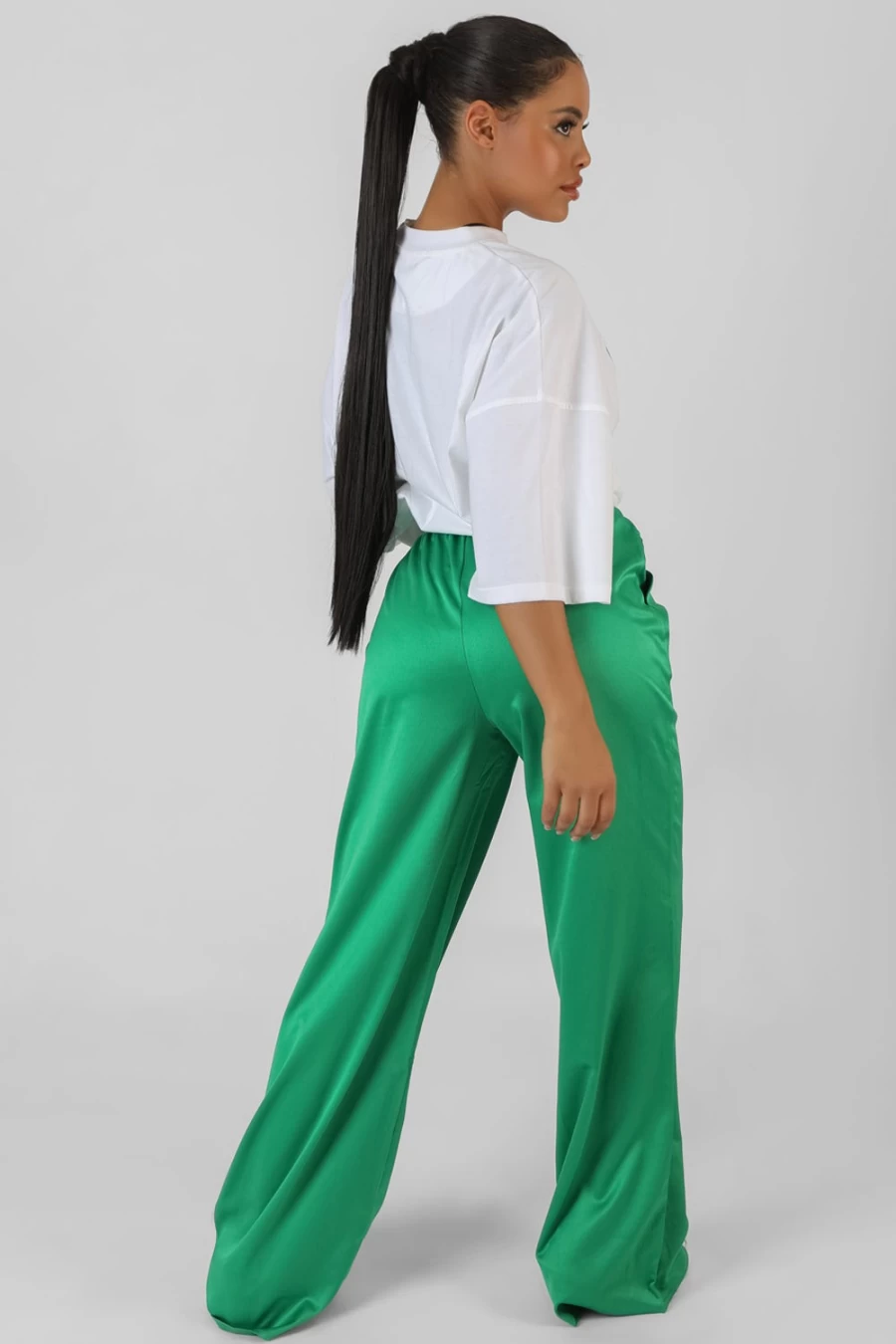 "Public Desire Women's Green Satin Wide Leg Trousers"