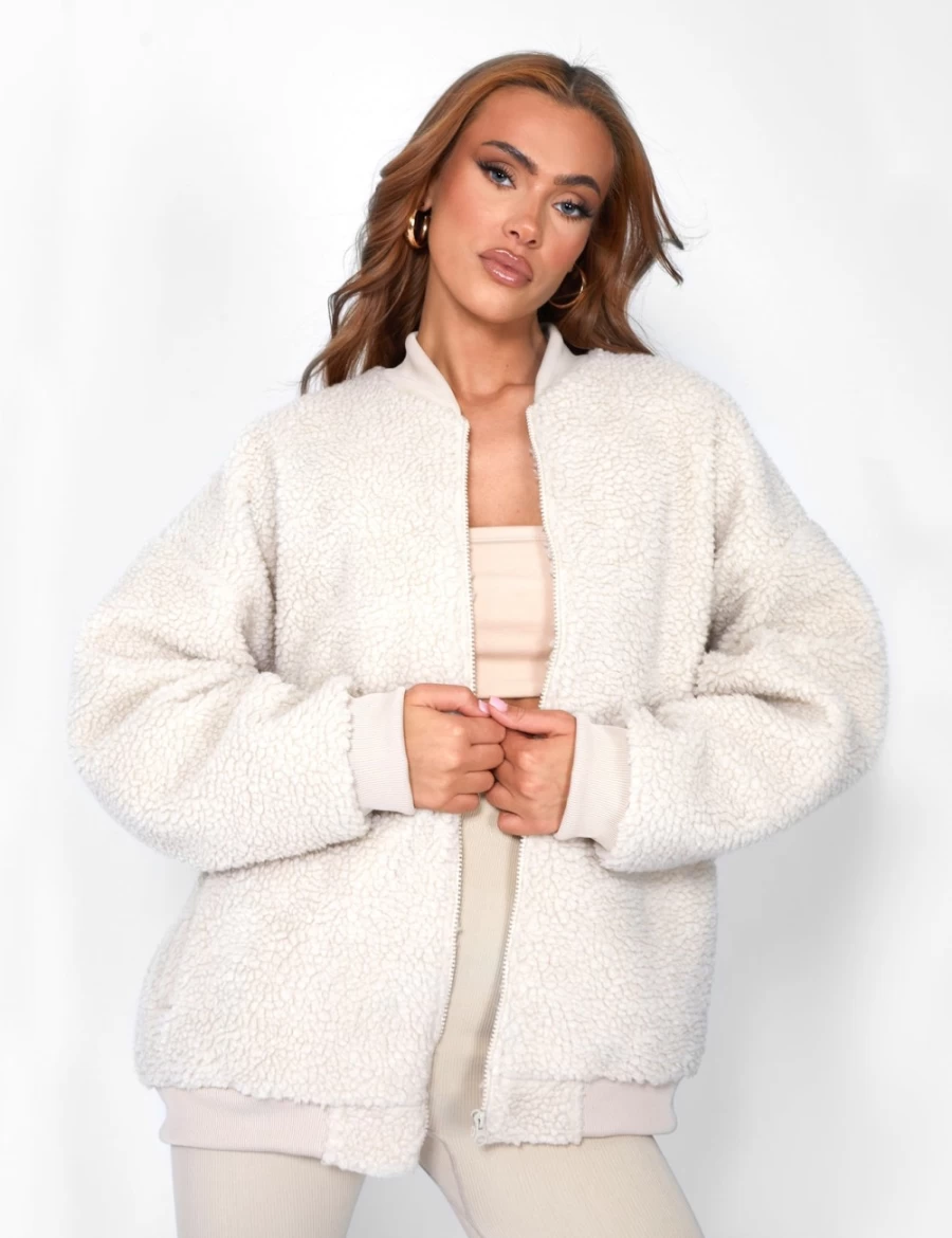 Public Desire Women's Cream Borg Oversized Bomber Jacket
