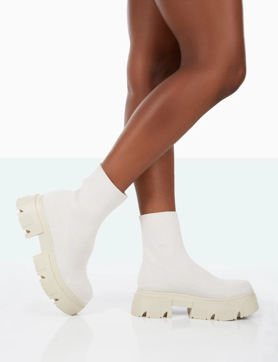 Public Desire Women's Ecru Nola Knit Platform Ankle Boots with Chunky Sole