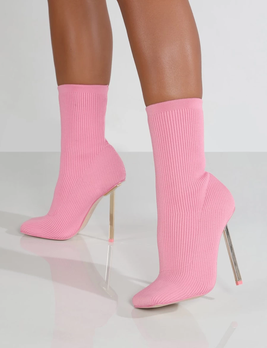 Public Desire Women's Pink Souffle Knit Stiletto Heel Ankle Boots