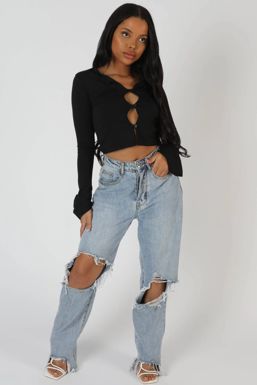 "Public Desire Women's Black Long Sleeve Button Detail Crop Top"