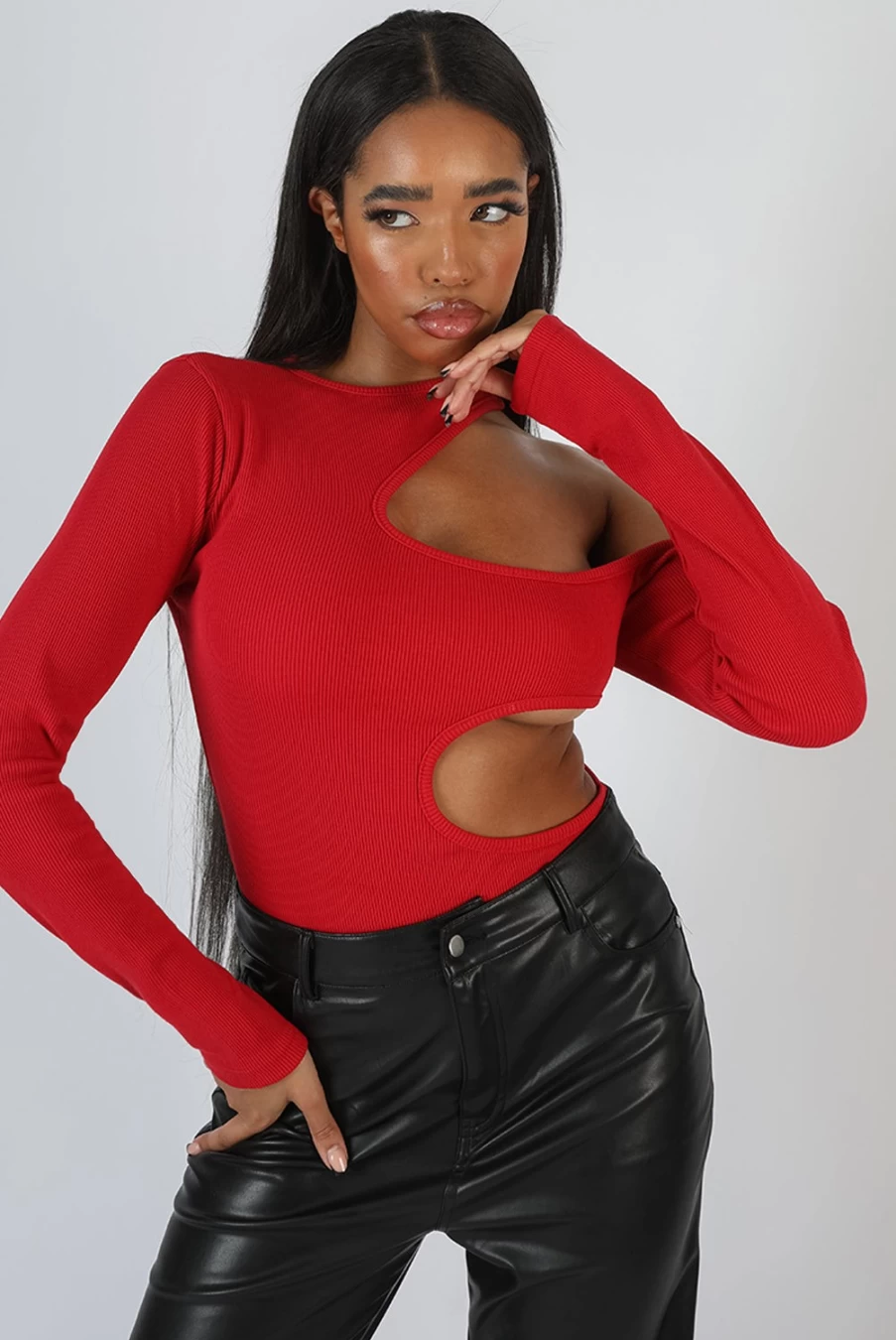 "Public Desire Women's Red Ribbed Bodysuit with Cut Out Detail"