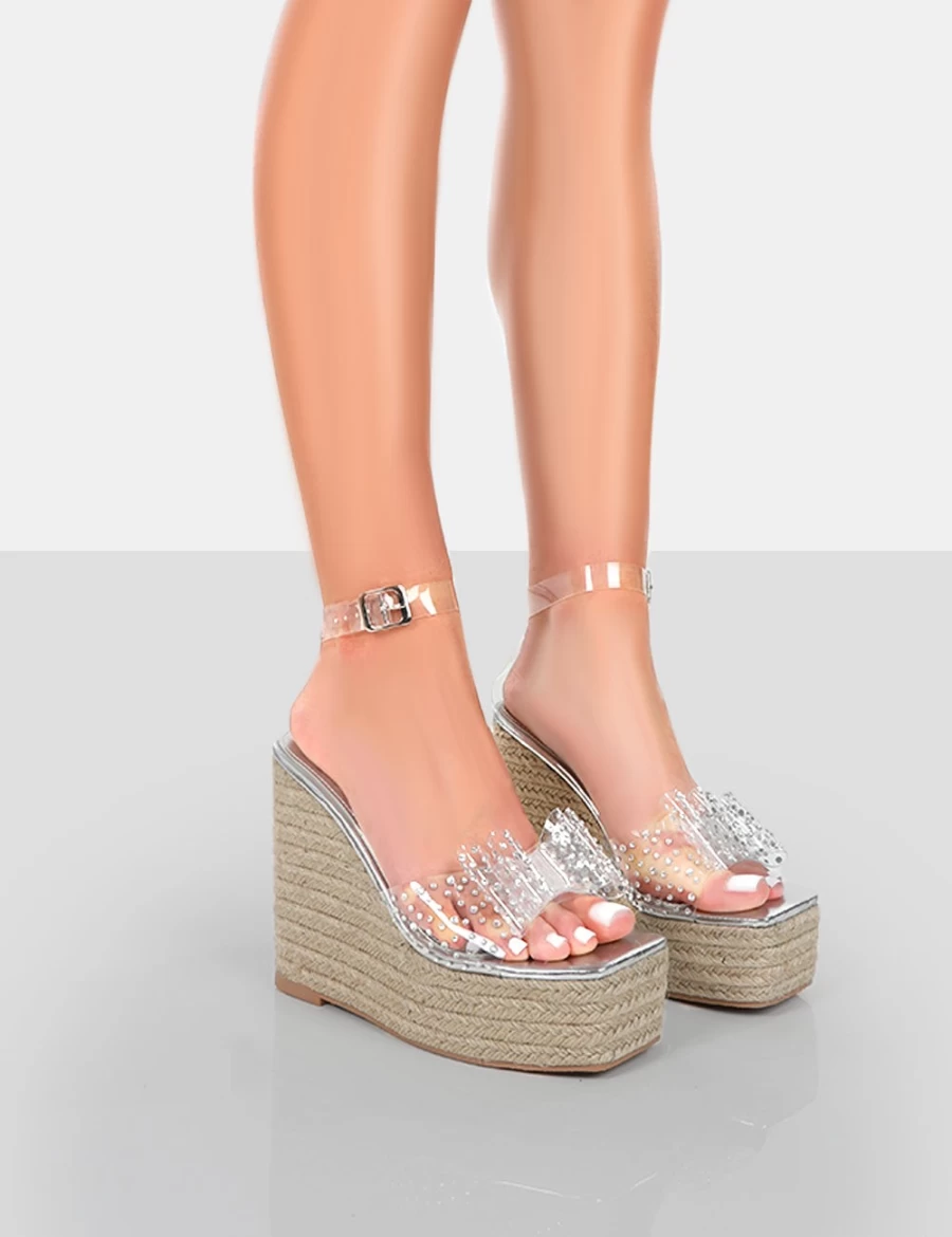 Public Desire Women's Silver Ocean Beach Patent Bow Platform Wedge Heels - Elegant High Heel Sandals for Women
