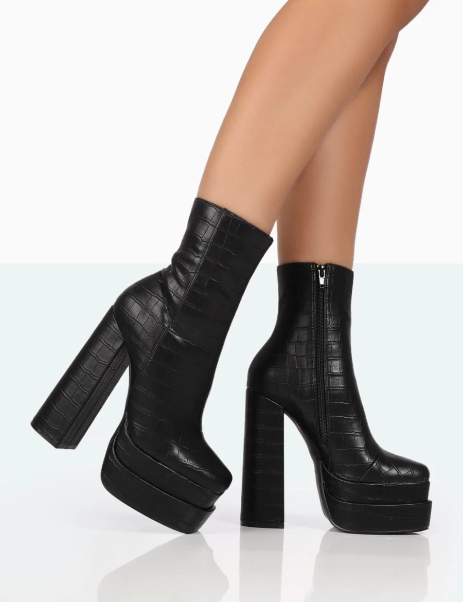Public Desire Women's Black Supine Patent Croc Chunky Heel Platform Ankle Boots