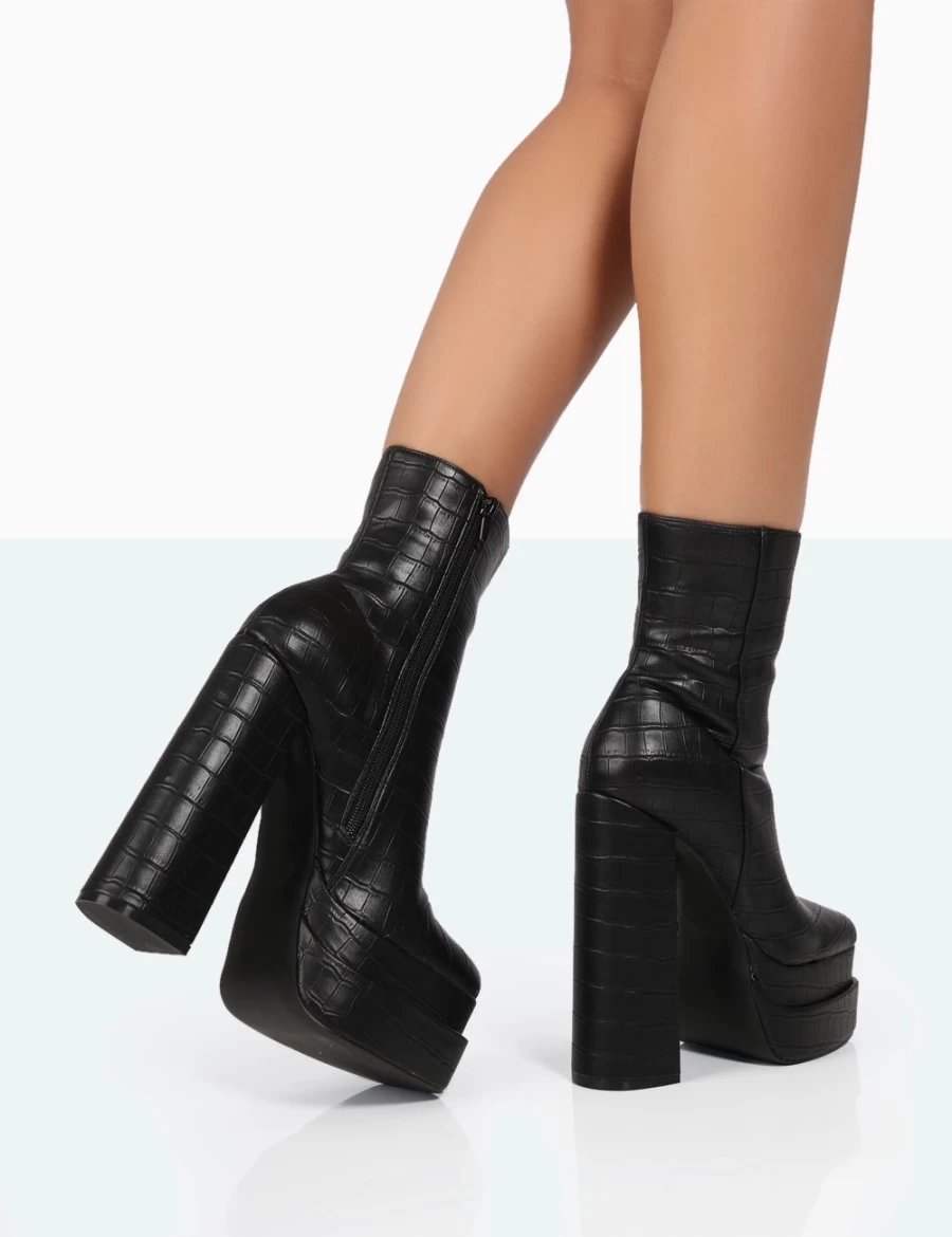 Public Desire Women's Black Supine Patent Croc Chunky Heel Platform Ankle Boots